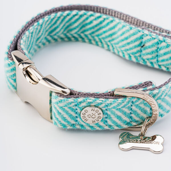 Hugo and Hudson Herringbone Tweed Aqua Dog Collar from Catdog Store